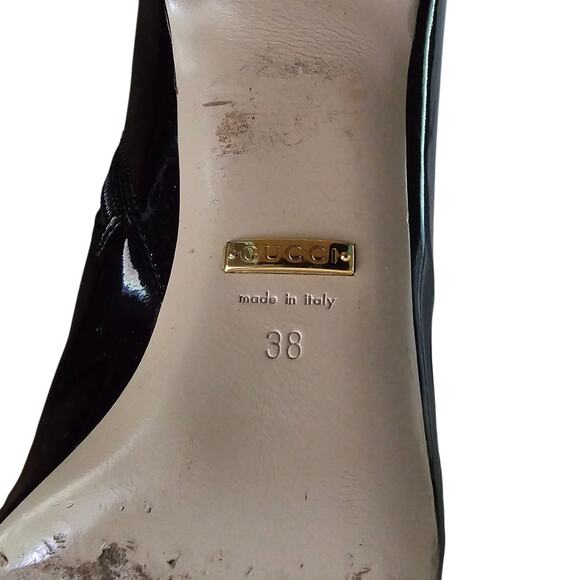 Gucci Lois Bee Block Heel Ankle Short Boot Size 38 US 8 Patent Black Leather - Picture 12 of 16